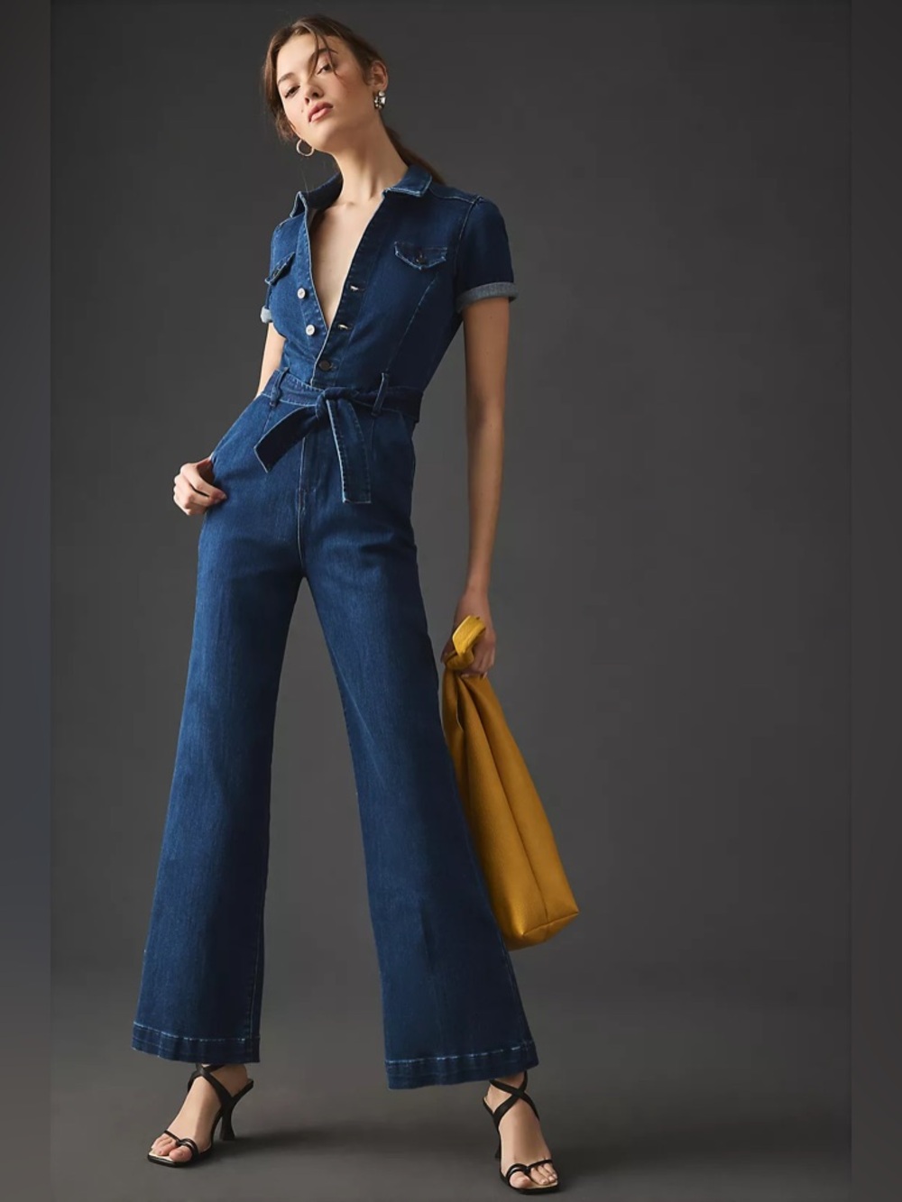 Paige Anessa Short Sleeve Jumpsuit High-Rise Wide-Leg Dark Blue Size 2 Luxury